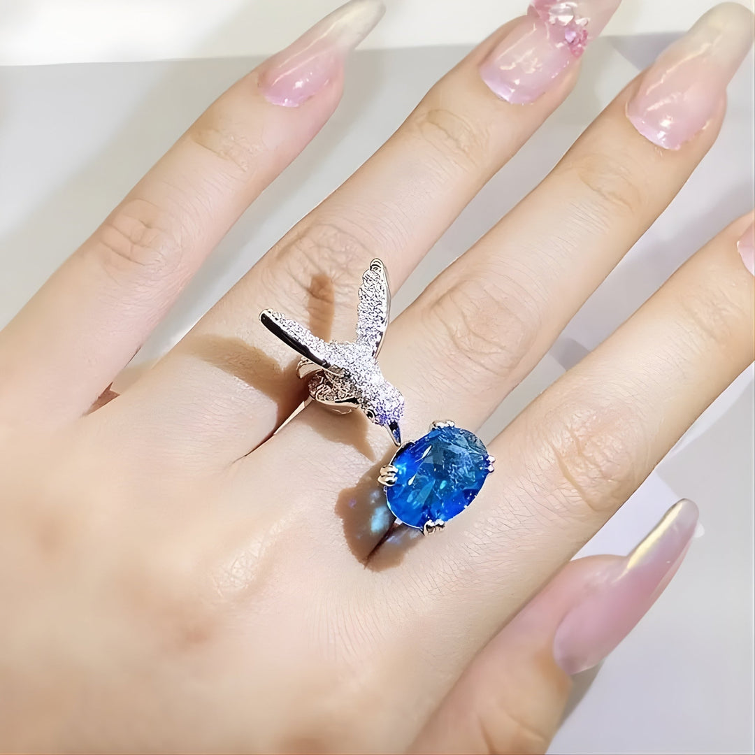 Adjustable Aquamarine-Color Hummingbird Ring – 14K Gold Plated