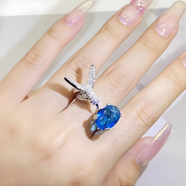Adjustable Aquamarine-Color Hummingbird Ring – 14K Gold Plated
