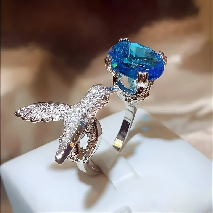 Adjustable Aquamarine-Color Hummingbird Ring – 14K Gold Plated