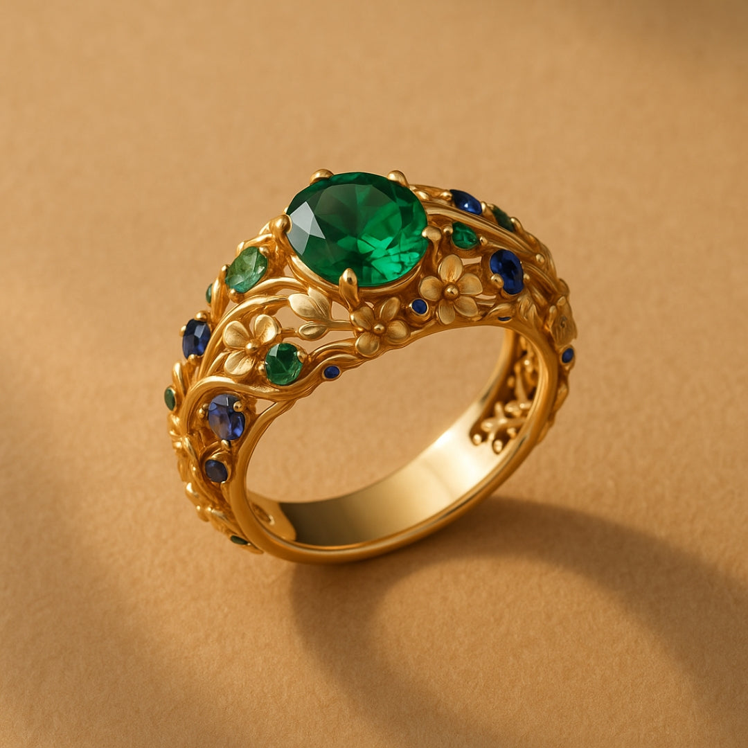 Green & Blue Crystal Gold Ring