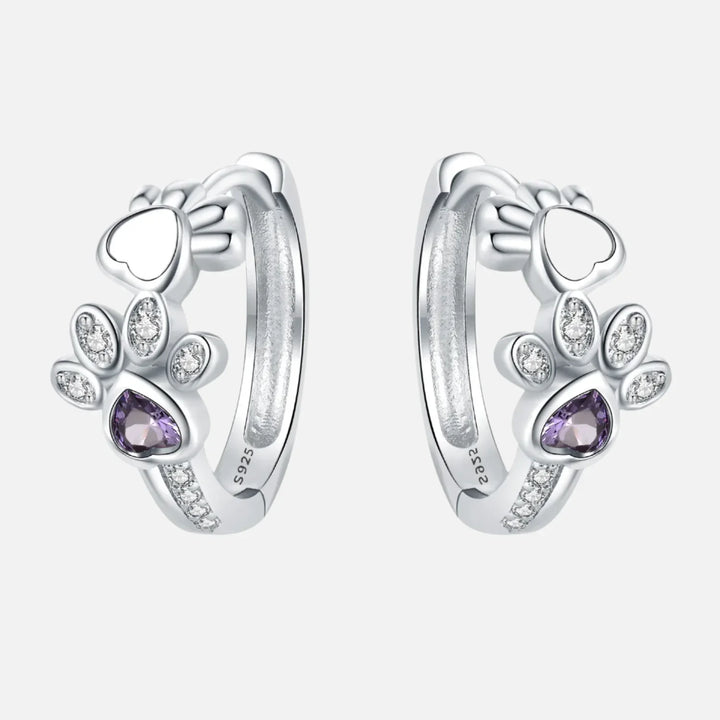 Paw Huggie Earrings in 925 Sterling Silver – With Zirconia and Heart Gem