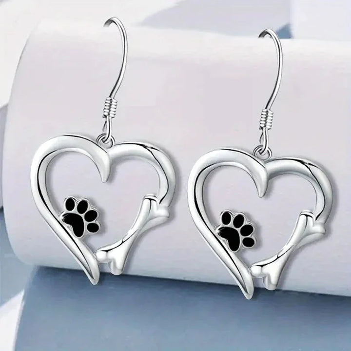 Silver Drop Earrings with Heart & Paw Design