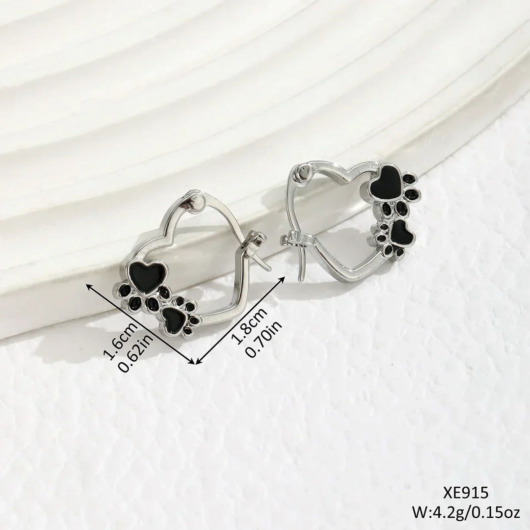 Heart Paw Huggie Earrings with Black Enamel