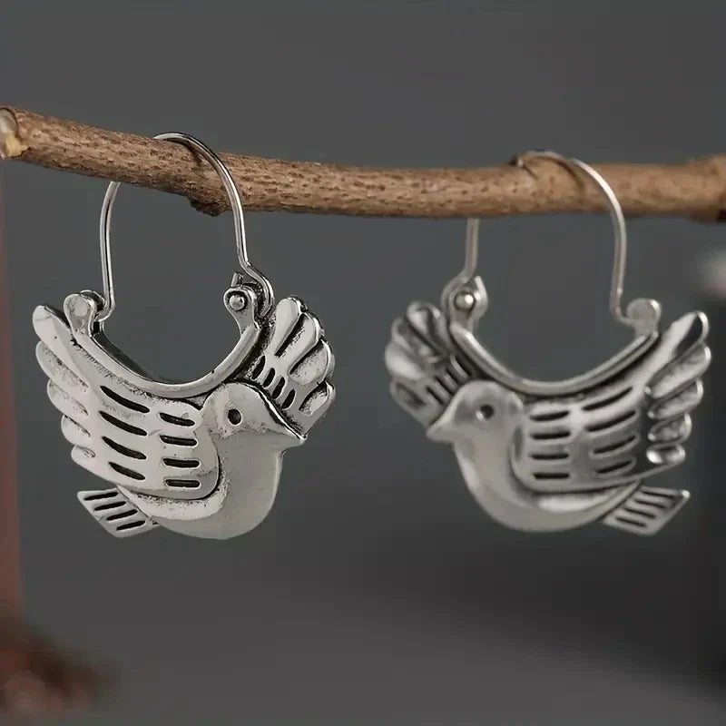 Boho Bird-Inspired Dangle Earrings – Silver-Tone