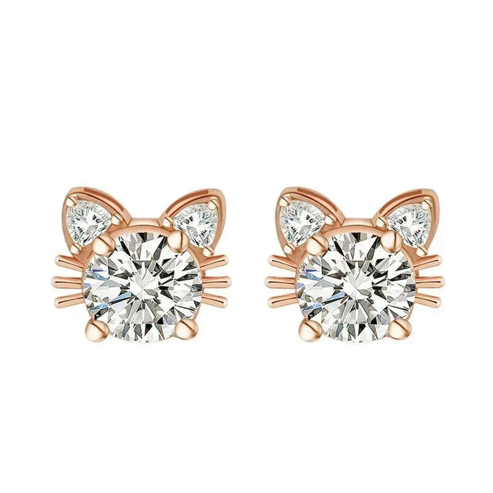 Moissanite Rose Gold Cat Stud Earrings in 925 Sterling Silver