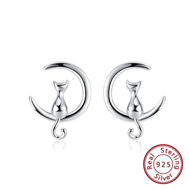 Moon & Cat Sterling Silver Stud Cat Earrings